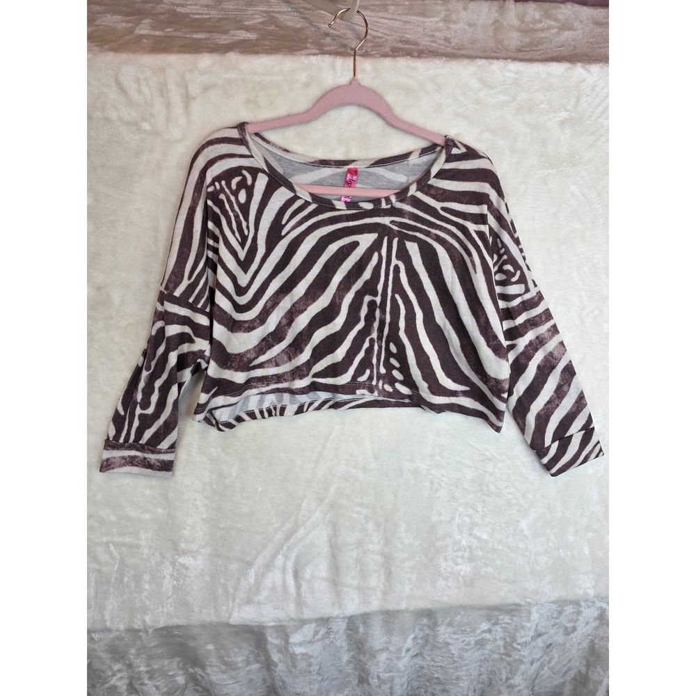 Retro Doll Zebra Print Cropped Sweater Top Brown Cream Womens Medium RDTL24